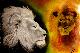 Der Löwe - Fantasieportrait eines Löwen,
Mischgemälde: links mit Graphit und Kohle gefertigt, rechts mit Acryl und Öl
